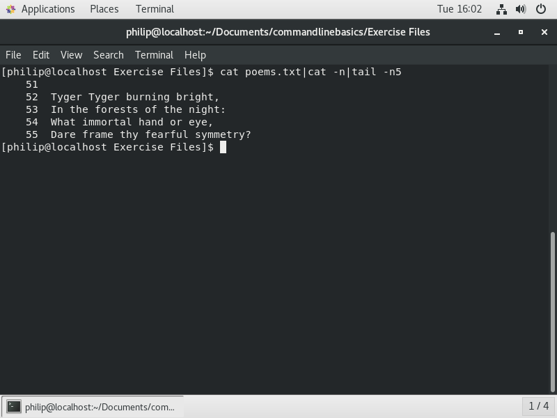 Figure 11 - the output from the sequence of commands, cat poems.txt | cat -n | tail -n5